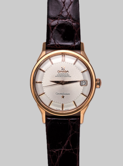 Omega Constellation Piepan 18k rose gold, ref. 168005/6, 1967, vista frontale, quadrante bianco, cassa in oro rosa 18k